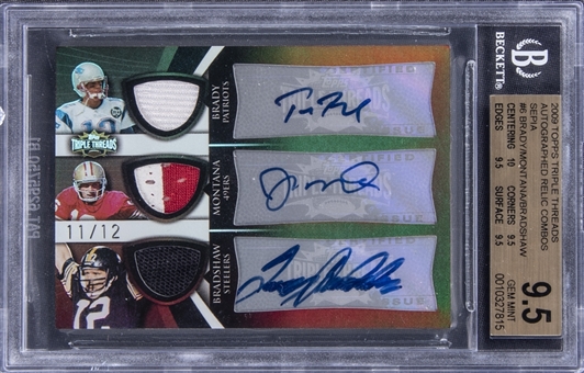 2009 Topps Triple Threads “Autographed Relic Combos” Sepia #6 Tom Brady, Joe Montana & Terry Bradshaw Signed Jersey Relic Card (#11/12) - BGS GEM MINT 9.5/BGS 9 – TRUE GEM+
